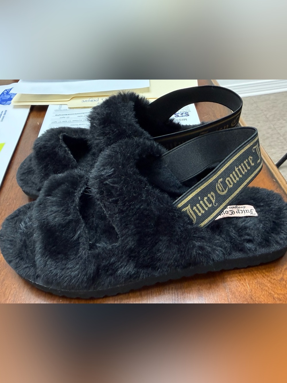 Juicy Couture Black Faux Fur Slingback Slippers Size 7🖤 - Picture 2 of 4